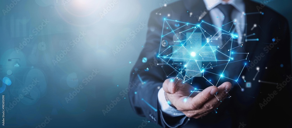 Businessman and plus symbol or cross sign on virtual screen technology background Businessman and plus symbol or cross sign on virtual screen technology background