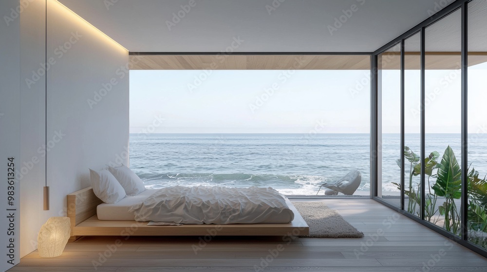 Fototapeta premium Serene Oceanfront Bedroom with Panoramic Window View