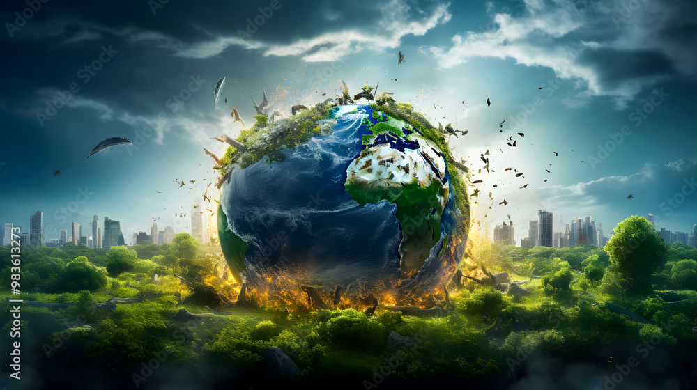 A miniature Earth with urban cities rising from green landscapes. Concept of global warming, climate change, and environmental issues. Perfect for eco-friendly, science, and technology A miniature Earth with urban cities rising from green landscapes. Concept of global warming, climate change, and environmental issues. Perfect for eco-friendly, science, and technology