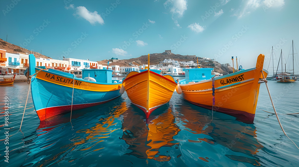 Three Colorful Boats Docked in a Harbor Photo