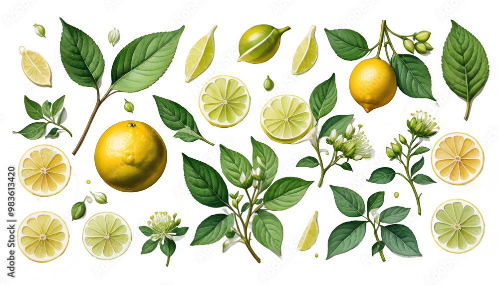 fresh watercolor collection illustrations leaves flowers bergamia dding prints cards botanical bergamot blossom packing citrus invitations fruit posters perfect aroma greenery lemon lime wildflower