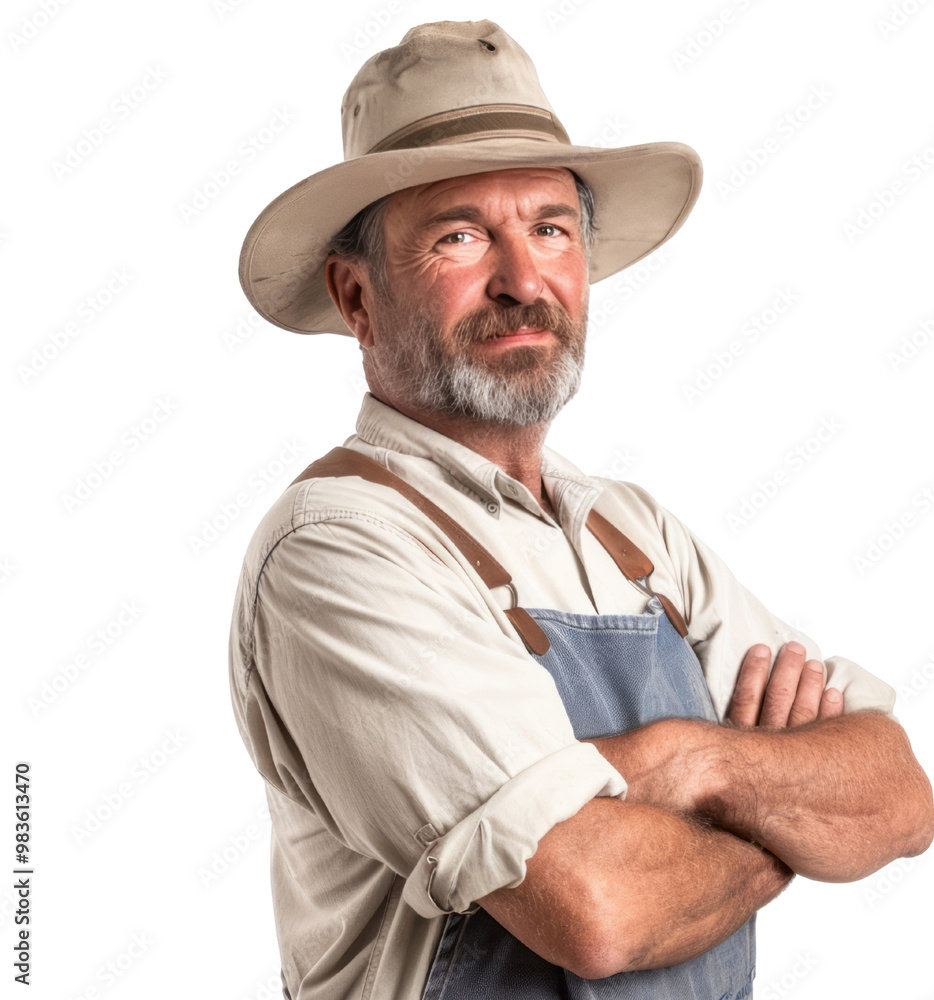Portrait of a happy middle-aged farmer in a hat and overalls, standing with arms crossed, isolated on transparent background, natural light. Portrait of a happy middle-aged farmer in a hat and overalls, standing with arms crossed, isolated on transparent background, natural light.