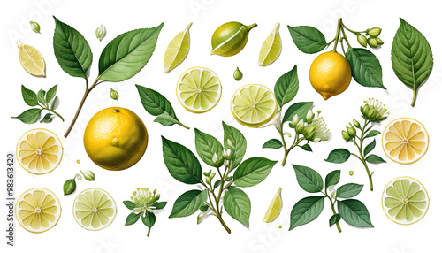 Obraz na płótnie fresh watercolor collection illustrations leaves flowers bergamia dding prints cards botanical bergamot blossom packing citrus invitations fruit posters perfect aroma greenery lemon lime wildflower w salonie