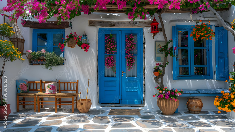 White House with Blue Door and Flower Decor - Realistic Photo