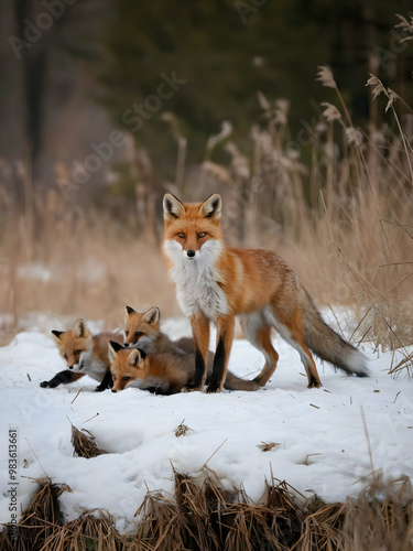 red fox in the snow surrounded by her 3 kits