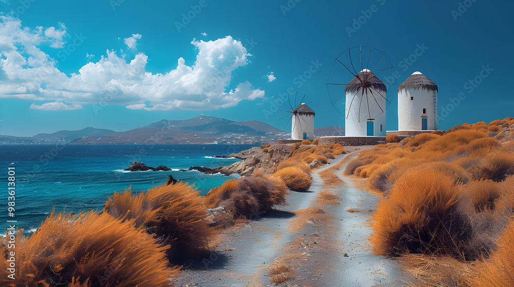Windmills on a Coastal Path - Realistic Image