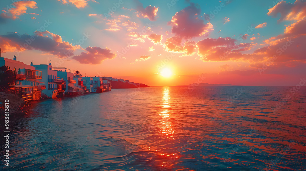 Coastal Sunset with Buildings and Glowing Sky - Illustration