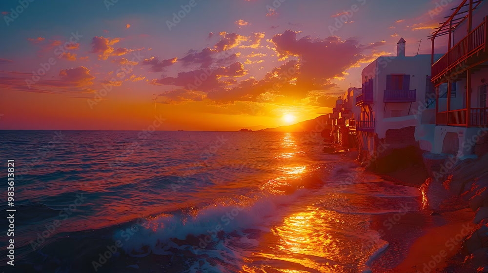 Sunset over the Sea with White Houses on a Cliff Illustration