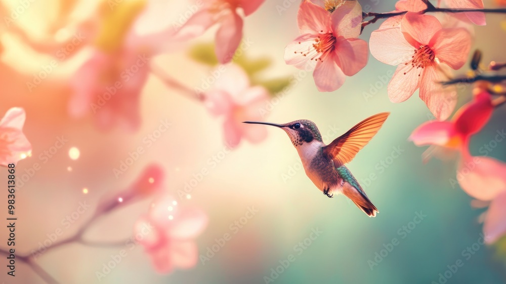 Fototapeta premium Hummingbird hovers near delicate pink cherry blossoms, surrounded by soft sunlight
