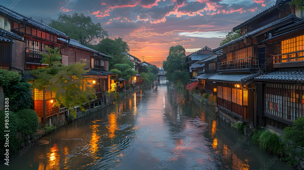 Waterfront Traditional Houses At Sunset - Realistic Image