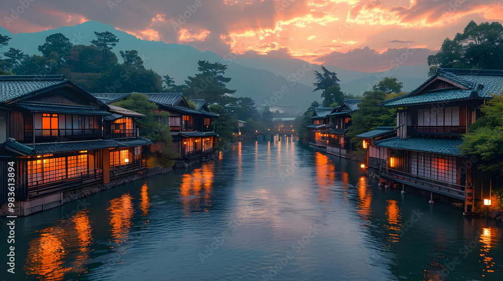 Waterfront Homes at Sunset with Mountain Views - Illustration