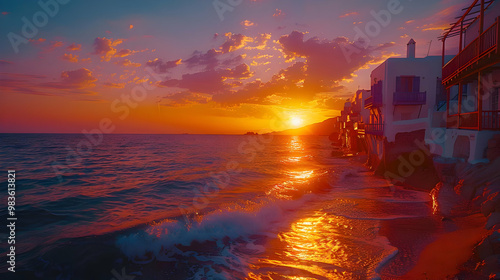 Obraz na płótnie Sunset over the Sea with White Houses on a Cliff Illustration w salonie