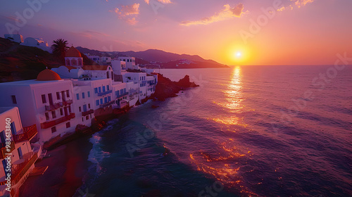 Sunset Over White Buildings On Coastline