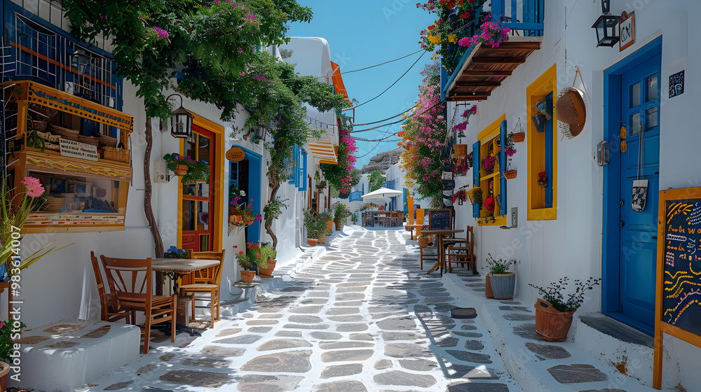 Cobblestone Street with Vibrant Flower Pots - Realistic Image