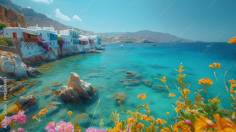 Coastal Village with Turquoise Waters and Flowers - Realistic Illustration