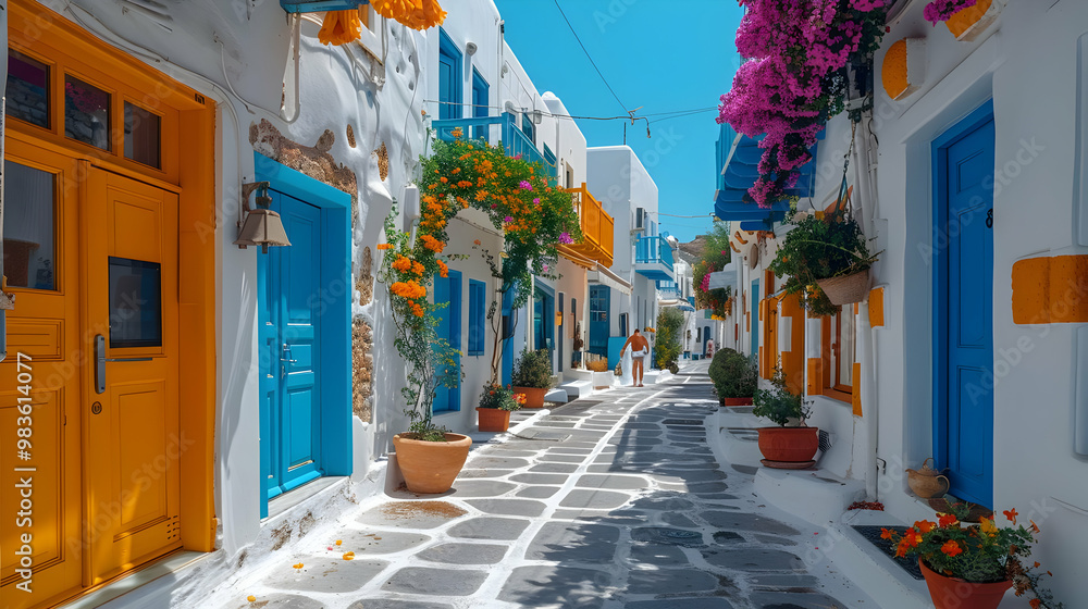 Vibrant Colorful Doors and Cobblestone Street in a Whitewashed Village - Photo