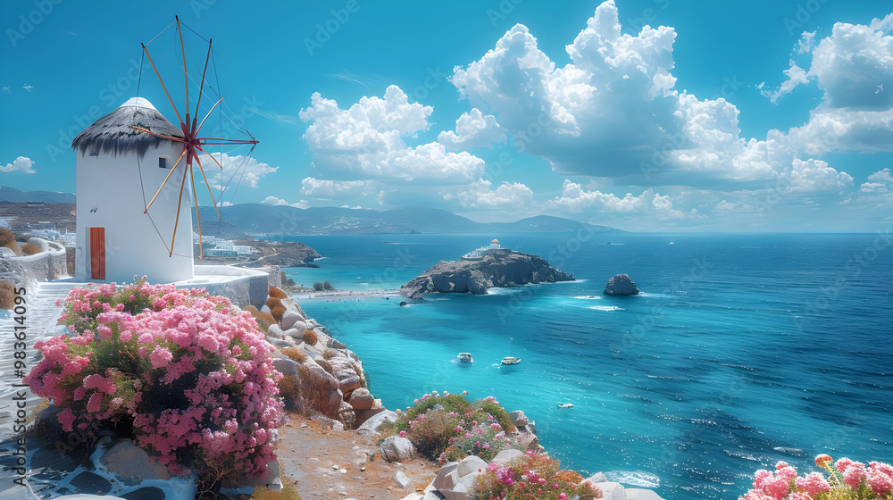 Windmill on a Cliffside Overlooking a Blue Sea - Realistic Image