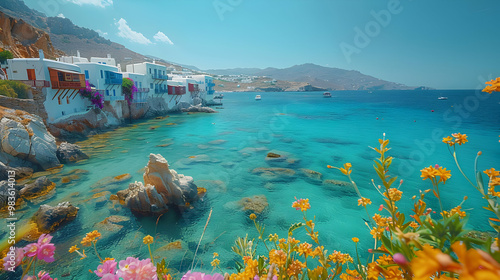 Obraz na płótnie Coastal Village with Turquoise Waters and Flowers - Realistic Illustration w salonie