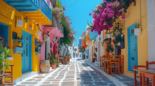 Colorful Mediterranean Street with Stone Paved Pathway - Illustration