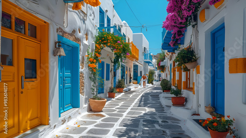 Vibrant Colorful Doors and Cobblestone Street in a Whitewashed Village - Photo