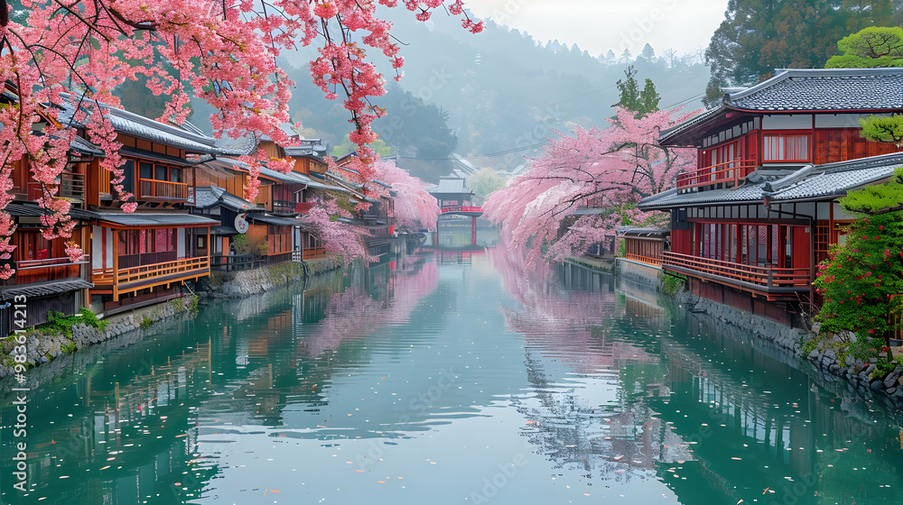 Japanese Architecture with Cherry Blossom Trees and Reflections in Water - Realistic Image