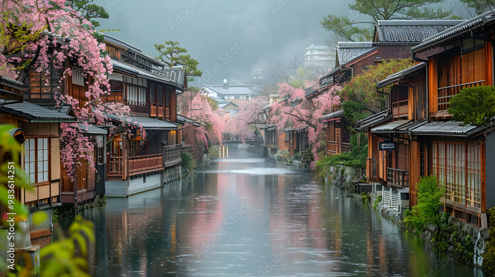 Misty Morning Canal with Cherry Blossoms - Japanese Architecture Illustration