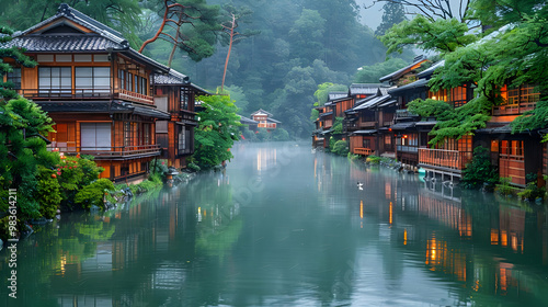 Obraz na płótnie Traditional Japanese Houses Along a Tranquil River with Reflections in the Water - Realistic Image w salonie