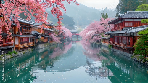 Obraz na płótnie Japanese Architecture with Cherry Blossom Trees and Reflections in Water - Realistic Image w salonie