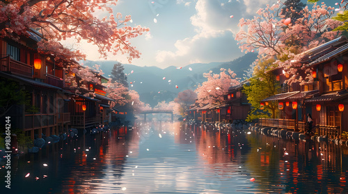 Obraz na płótnie Cherry Blossom Waterway Illustration w salonie