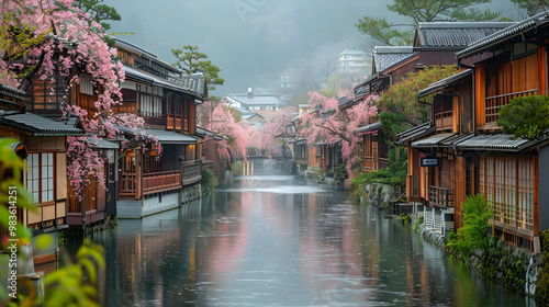 Obraz na płótnie Misty Morning Canal with Cherry Blossoms - Japanese Architecture Illustration w salonie