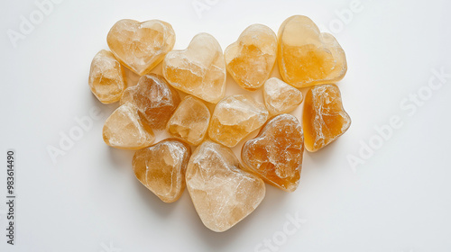 a top-down shot of benzoin resin arranged in a heart shape on a white background photo