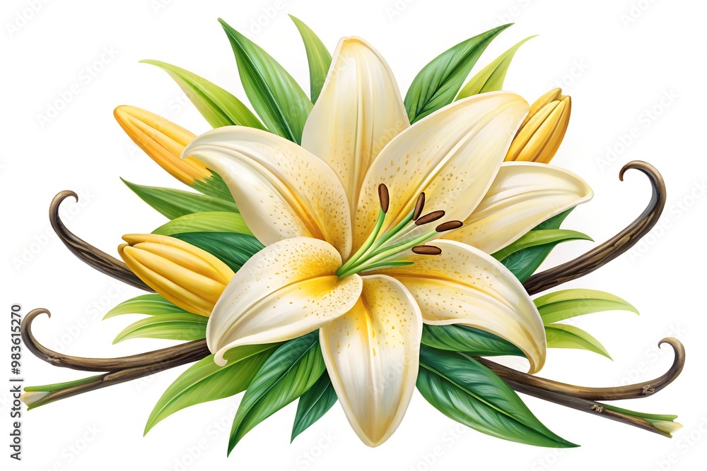Obraz premium Elegant White Lily and Vanilla Pods Illustration Realistic Botanical Art on Black Background