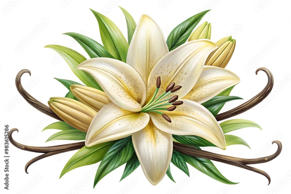 Fototapeta premium Elegant White Lily and Vanilla Pods Illustration Realistic Botanical Art on Black Background