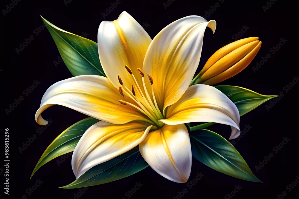 Elegant White Lily and Vanilla Pods Illustration Realistic Botanical Art on Black Background