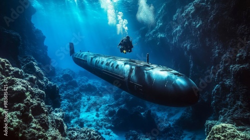 Military submarine submerging in the ocean depths a display of naval power and technology