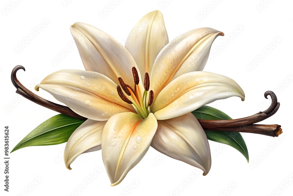 Fototapeta premium Elegant White Lily and Vanilla Pods Illustration Realistic Botanical Art on Black Background