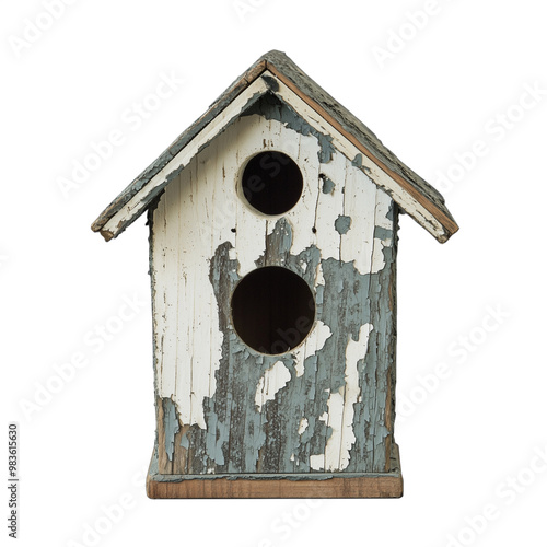 Rustic weathered birdhouse with chipped paint, isolated on a transparent background photo