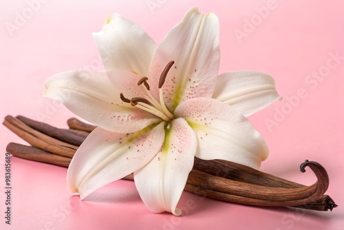 Elegant White Lily and Vanilla Pods Illustration Realistic Botanical Art on Black Background