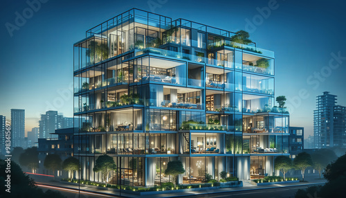 Contemporary architecture showcasing sustainable living amidst city lights and greenery. 