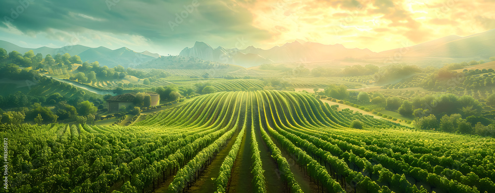 aerial view of a lush green vineyard under a radiant sky, symbolizing agriculture, sustainability, and nature's abundance. Perfect for eco friendly and farming related concepts. Eco background aerial view of a lush green vineyard under a radiant sky, symbolizing agriculture, sustainability, and nature's abundance. Perfect for eco friendly and farming related concepts. Eco background