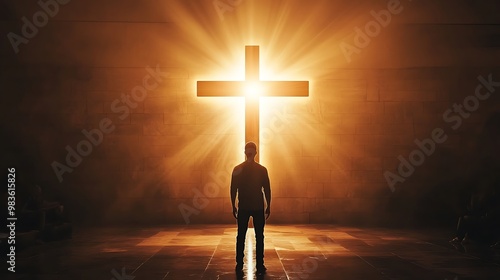 Man Standing Before a Glowing Cross