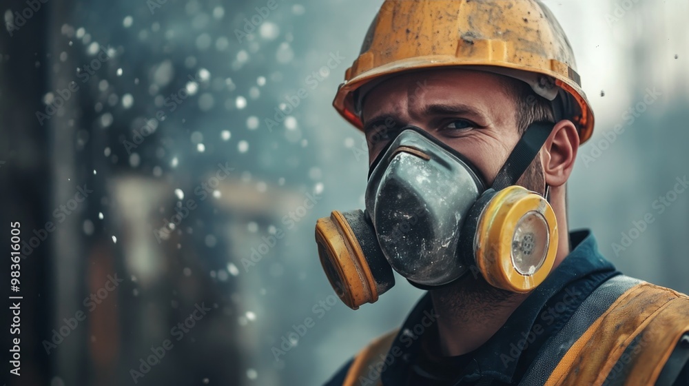 Construction worker in high quality dust mask amidst floating glass wool particles at worksite Construction worker in high quality dust mask amidst floating glass wool particles at worksite