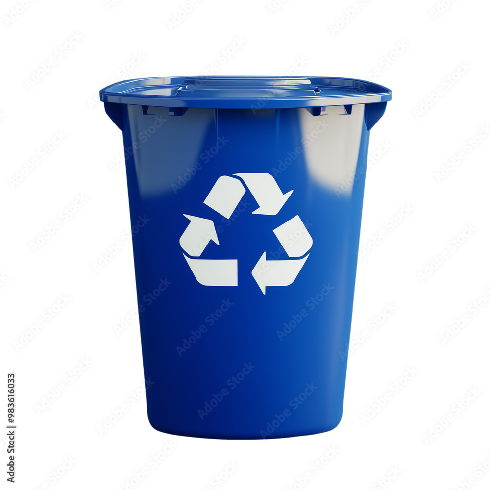 Blue recycling bin with recycling symbol, isolated on a transparent background Blue recycling bin with recycling symbol, isolated on a transparent background