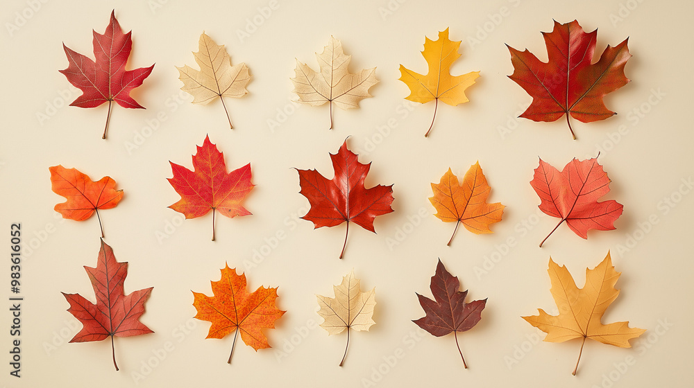 Obraz premium autumn leaves, like maple and oak, in various shades of orange, red, and yellow against an isolated soft beige background