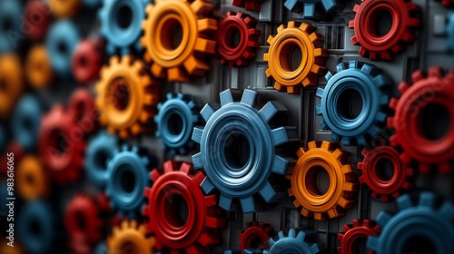 Wallpaper Mural A 3D illustration of a mechanical system with variously textured and colored gears, symbolizing the distinct roles and contributions of each team member. The gears interlock seamlessly, representing Torontodigital.ca