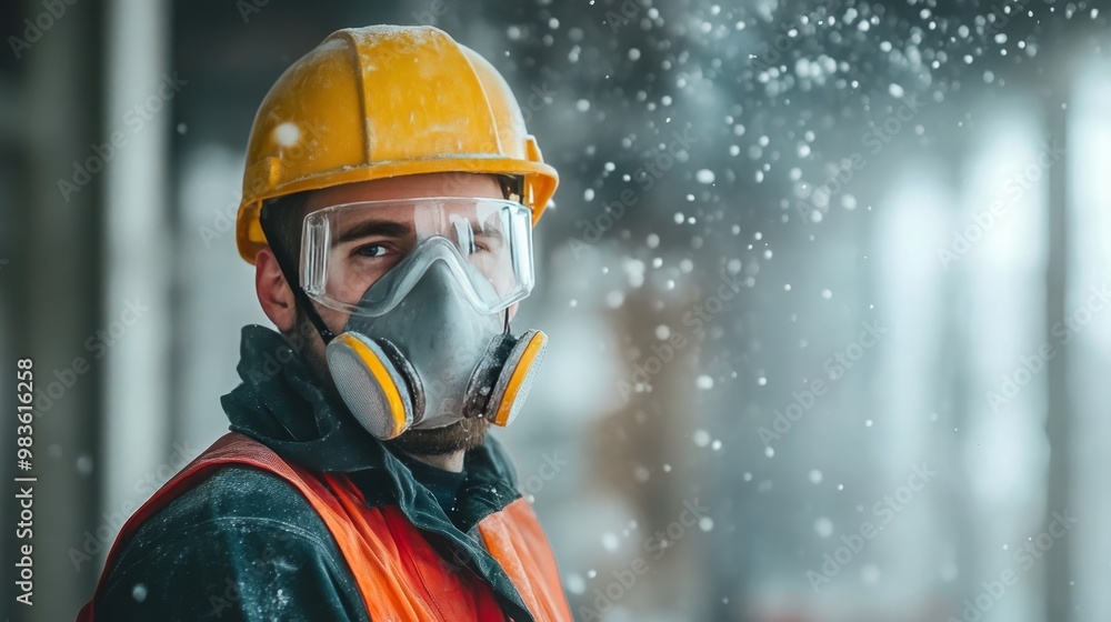 Obraz premium Skilled construction worker donning high quality dust mask amidst floating glass wool particles