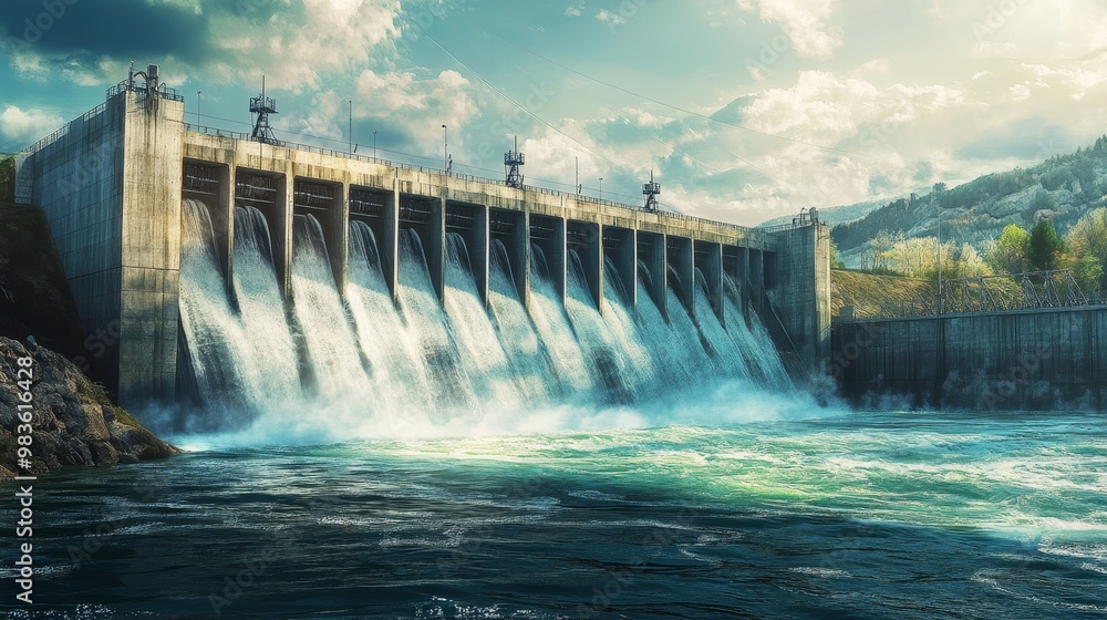 Hydroelectric dam harnessing river flow to generate clean energy and support zero carbon goals Hydroelectric dam harnessing river flow to generate clean energy and support zero carbon goals