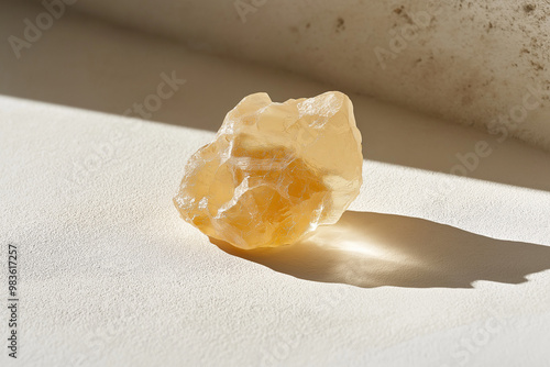 a minimalistic composition featuring a single piece of frankincense resin on a smooth, cream-colored surface