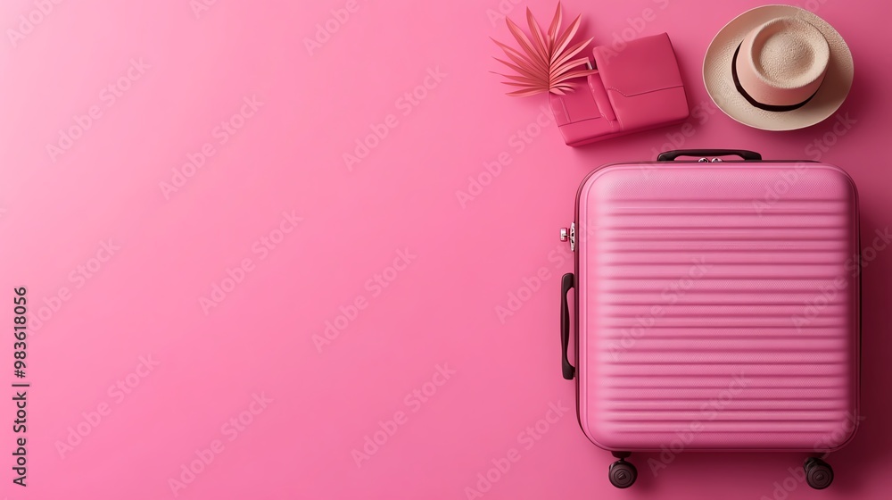 Pink suitcase with a hat, sunglasses, and a small pink bag on a pink background. Perfect for travel and vacation concepts. Pink suitcase with a hat, sunglasses, and a small pink bag on a pink background. Perfect for travel and vacation concepts.