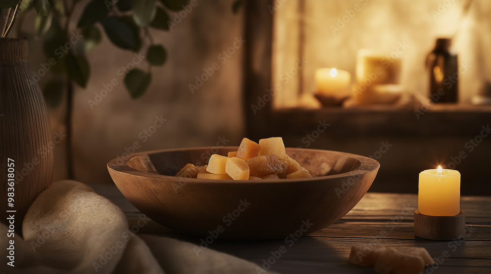 a composition featuring myrrh resin arranged in a bowl made of natural materials like wood or clay, with soft lighting enhancing the warm, earthy tones of the scene a composition featuring myrrh resin arranged in a bowl made of natural materials like wood or clay, with soft lighting enhancing the warm, earthy tones of the scene